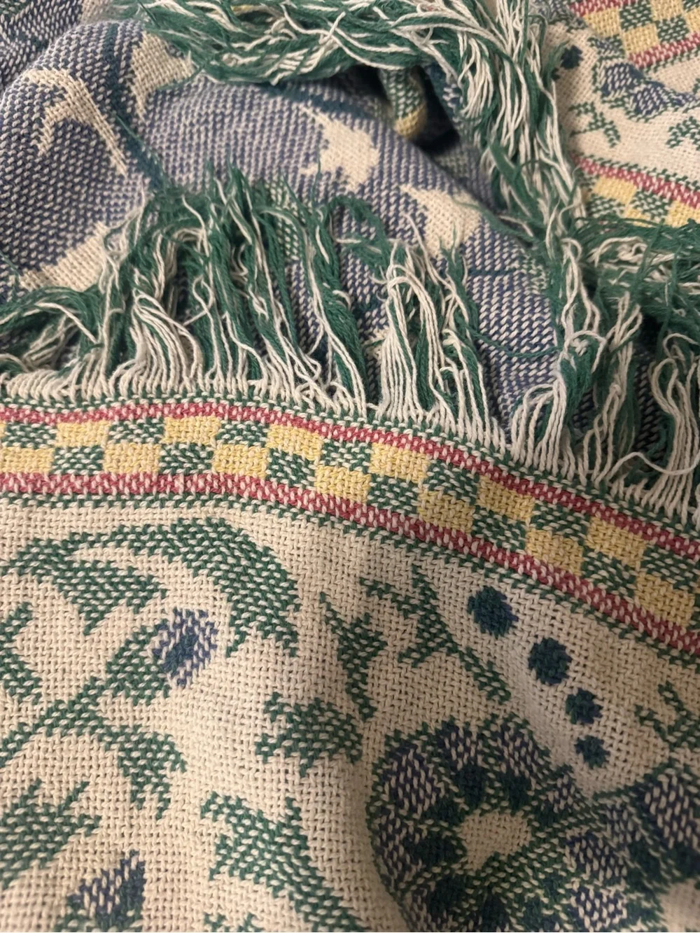 VTG Cottagecore Sage Green Floral Tapestry Throw Blanket 45x60 Fringe